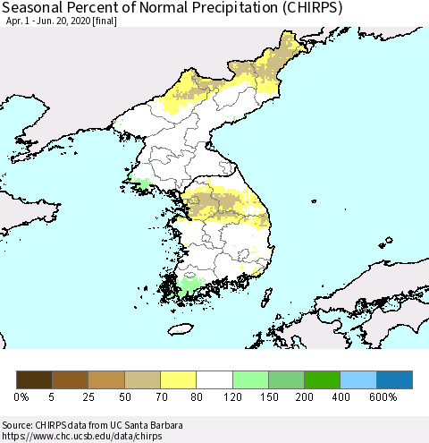 Korea Seasonal Percent of Normal Precipitation (CHIRPS) Thematic Map For 4/1/2020 - 6/20/2020