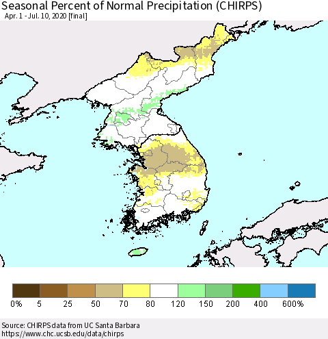 Korea Seasonal Percent of Normal Precipitation (CHIRPS) Thematic Map For 4/1/2020 - 7/10/2020
