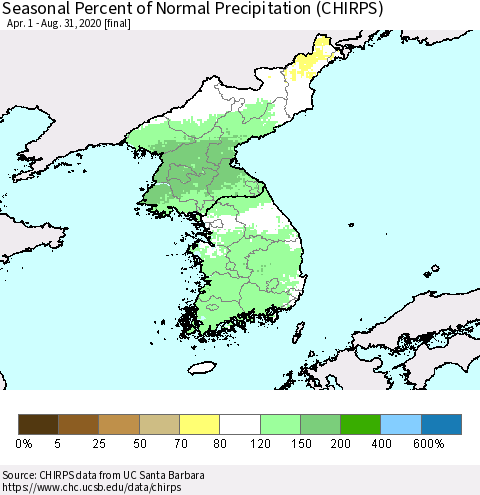 Korea Seasonal Percent of Normal Precipitation (CHIRPS) Thematic Map For 4/1/2020 - 8/31/2020