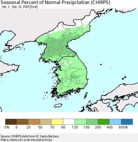Korea Seasonal Percent of Normal Precipitation (CHIRPS) Thematic Map For 4/1/2020 - 9/10/2020