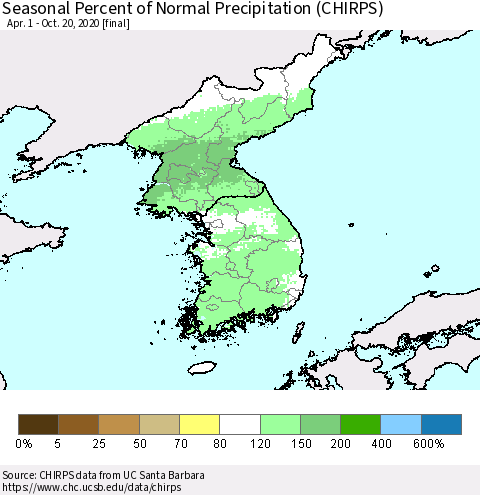 Korea Seasonal Percent of Normal Precipitation (CHIRPS) Thematic Map For 4/1/2020 - 10/20/2020
