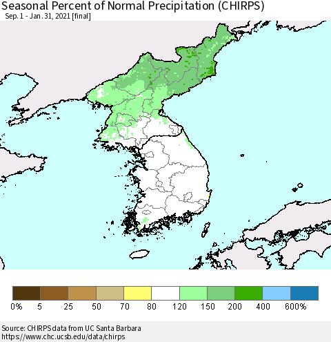 Korea Seasonal Percent of Normal Precipitation (CHIRPS) Thematic Map For 9/1/2020 - 1/31/2021