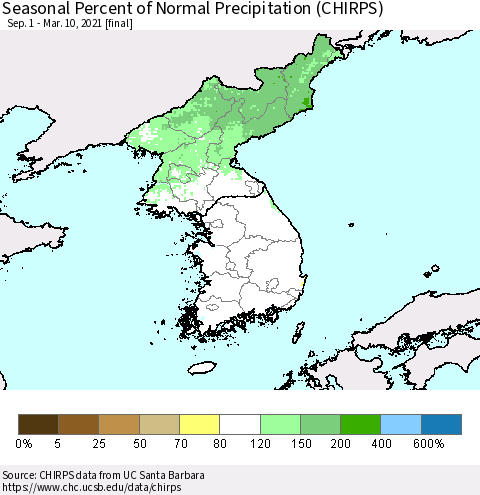 Korea Seasonal Percent of Normal Precipitation (CHIRPS) Thematic Map For 9/1/2020 - 3/10/2021