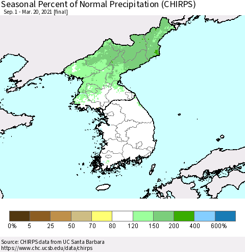 Korea Seasonal Percent of Normal Precipitation (CHIRPS) Thematic Map For 9/1/2020 - 3/20/2021