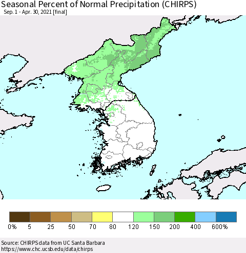 Korea Seasonal Percent of Normal Precipitation (CHIRPS) Thematic Map For 9/1/2020 - 4/30/2021