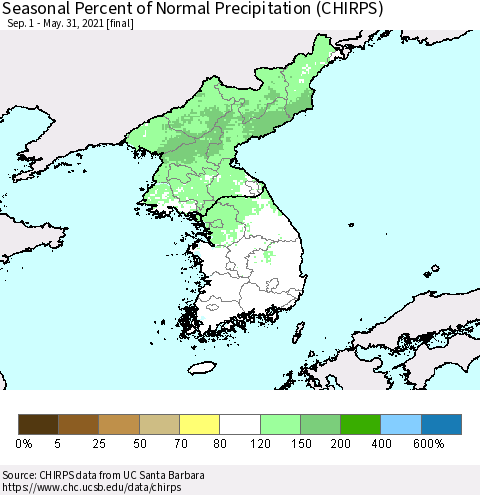 Korea Seasonal Percent of Normal Precipitation (CHIRPS) Thematic Map For 9/1/2020 - 5/31/2021