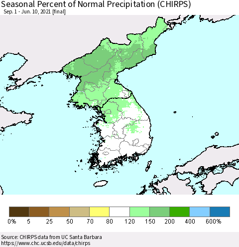 Korea Seasonal Percent of Normal Precipitation (CHIRPS) Thematic Map For 9/1/2020 - 6/10/2021