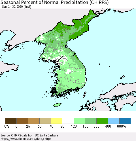 Korea Seasonal Percent of Normal Precipitation (CHIRPS) Thematic Map For 9/1/2020 - 9/30/2020