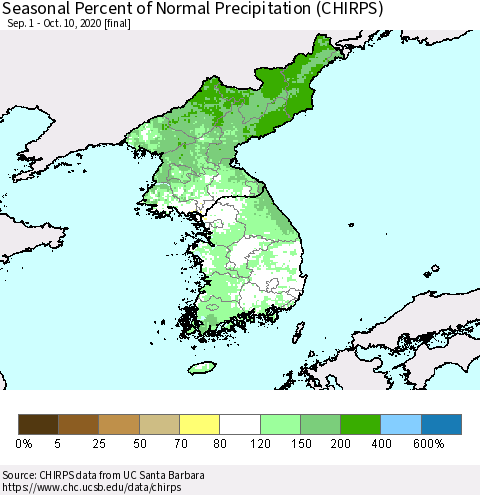 Korea Seasonal Percent of Normal Precipitation (CHIRPS) Thematic Map For 9/1/2020 - 10/10/2020