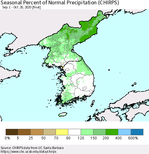 Korea Seasonal Percent of Normal Precipitation (CHIRPS) Thematic Map For 9/1/2020 - 10/20/2020