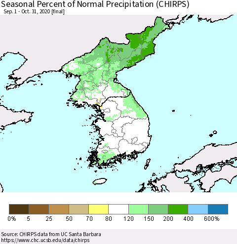 Korea Seasonal Percent of Normal Precipitation (CHIRPS) Thematic Map For 9/1/2020 - 10/31/2020