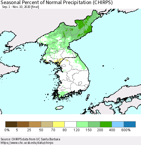 Korea Seasonal Percent of Normal Precipitation (CHIRPS) Thematic Map For 9/1/2020 - 11/10/2020