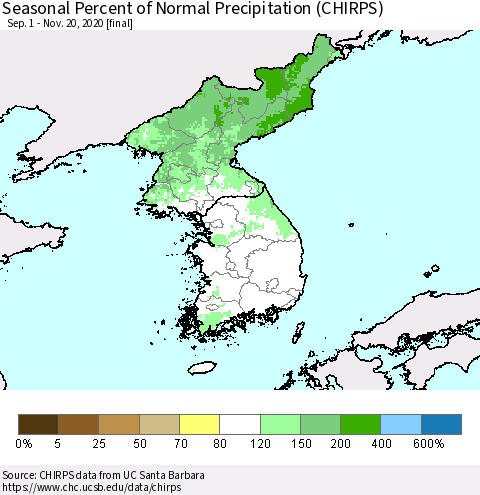 Korea Seasonal Percent of Normal Precipitation (CHIRPS) Thematic Map For 9/1/2020 - 11/20/2020