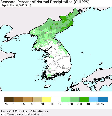 Korea Seasonal Percent of Normal Precipitation (CHIRPS) Thematic Map For 9/1/2020 - 11/30/2020
