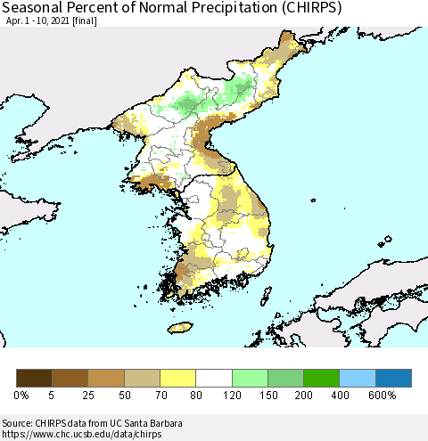Korea Seasonal Percent of Normal Precipitation (CHIRPS) Thematic Map For 4/1/2021 - 4/10/2021