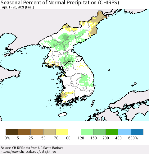 Korea Seasonal Percent of Normal Precipitation (CHIRPS) Thematic Map For 4/1/2021 - 4/20/2021