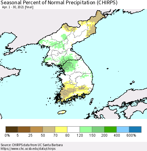 Korea Seasonal Percent of Normal Precipitation (CHIRPS) Thematic Map For 4/1/2021 - 4/30/2021