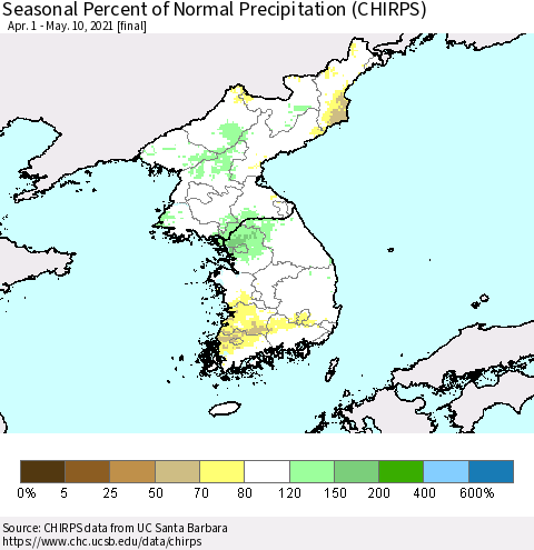 Korea Seasonal Percent of Normal Precipitation (CHIRPS) Thematic Map For 4/1/2021 - 5/10/2021