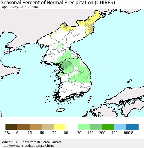 Korea Seasonal Percent of Normal Precipitation (CHIRPS) Thematic Map For 4/1/2021 - 5/20/2021