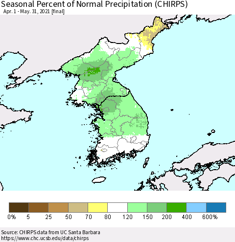 Korea Seasonal Percent of Normal Precipitation (CHIRPS) Thematic Map For 4/1/2021 - 5/31/2021