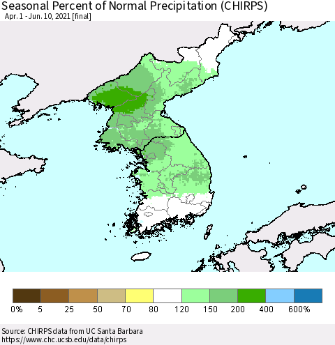 Korea Seasonal Percent of Normal Precipitation (CHIRPS) Thematic Map For 4/1/2021 - 6/10/2021