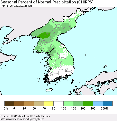 Korea Seasonal Percent of Normal Precipitation (CHIRPS) Thematic Map For 4/1/2021 - 6/20/2021