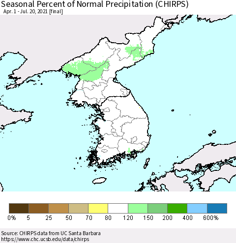 Korea Seasonal Percent of Normal Precipitation (CHIRPS) Thematic Map For 4/1/2021 - 7/20/2021
