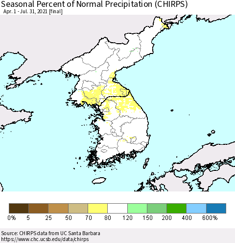 Korea Seasonal Percent of Normal Precipitation (CHIRPS) Thematic Map For 4/1/2021 - 7/31/2021