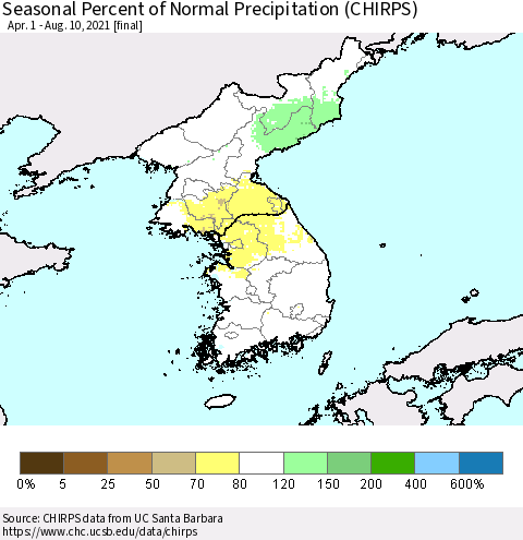 Korea Seasonal Percent of Normal Precipitation (CHIRPS) Thematic Map For 4/1/2021 - 8/10/2021