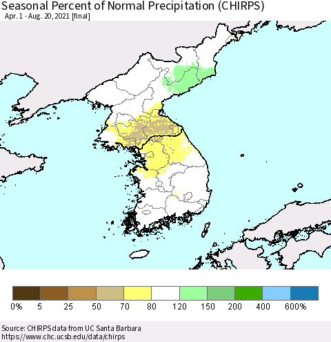 Korea Seasonal Percent of Normal Precipitation (CHIRPS) Thematic Map For 4/1/2021 - 8/20/2021