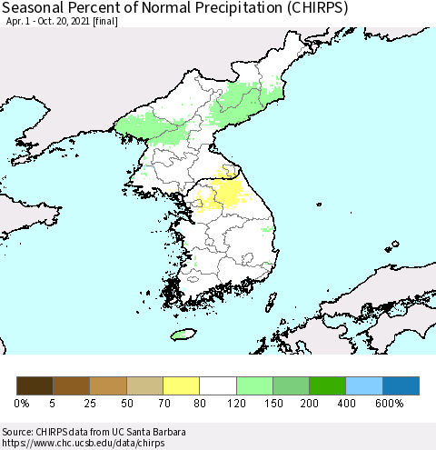 Korea Seasonal Percent of Normal Precipitation (CHIRPS) Thematic Map For 4/1/2021 - 10/20/2021