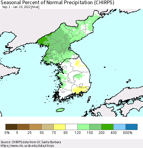 Korea Seasonal Percent of Normal Precipitation (CHIRPS) Thematic Map For 9/1/2021 - 1/10/2022