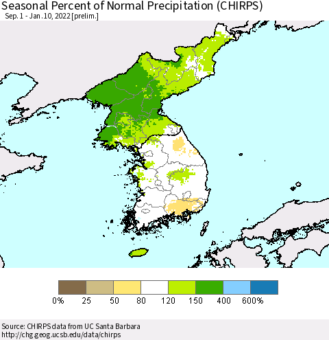 Korea Seasonal Percent of Normal Precipitation (CHIRPS) Thematic Map For 9/1/2021 - 1/10/2022