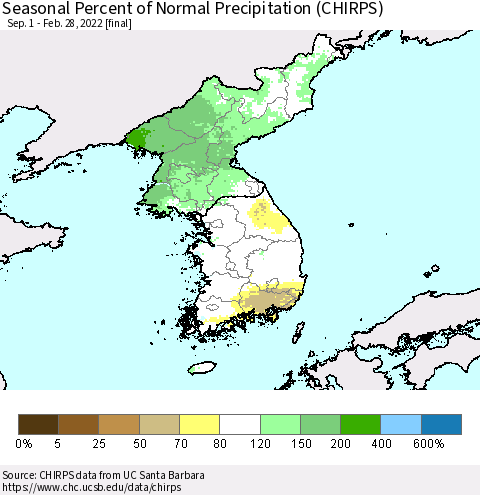 Korea Seasonal Percent of Normal Precipitation (CHIRPS) Thematic Map For 9/1/2021 - 2/28/2022