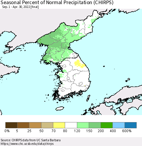 Korea Seasonal Percent of Normal Precipitation (CHIRPS) Thematic Map For 9/1/2021 - 4/30/2022
