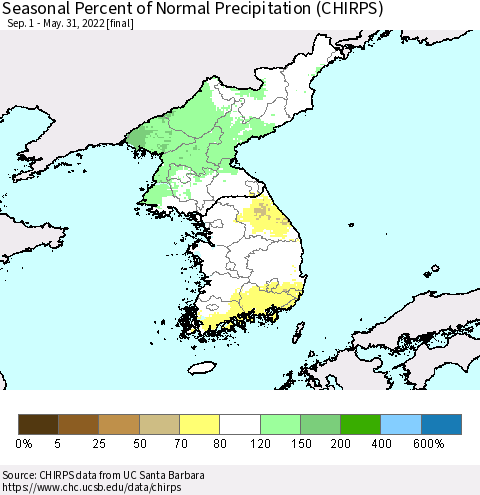 Korea Seasonal Percent of Normal Precipitation (CHIRPS) Thematic Map For 9/1/2021 - 5/31/2022