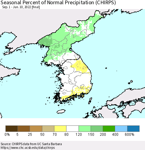 Korea Seasonal Percent of Normal Precipitation (CHIRPS) Thematic Map For 9/1/2021 - 6/10/2022