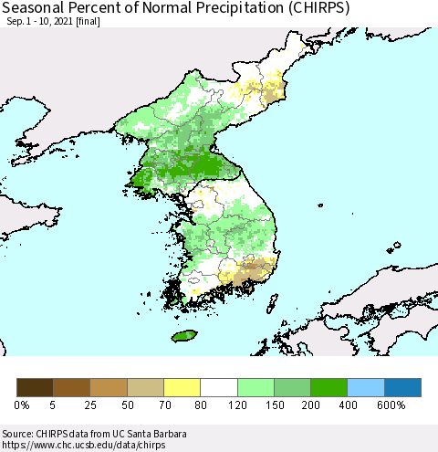 Korea Seasonal Percent of Normal Precipitation (CHIRPS) Thematic Map For 9/1/2021 - 9/10/2021
