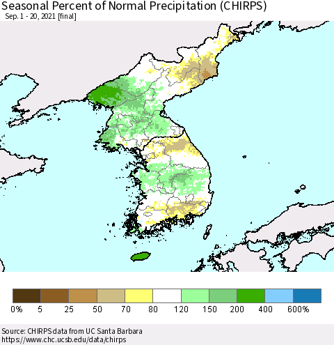 Korea Seasonal Percent of Normal Precipitation (CHIRPS) Thematic Map For 9/1/2021 - 9/20/2021
