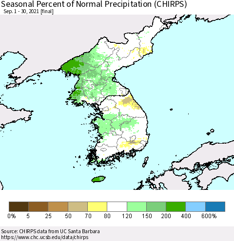 Korea Seasonal Percent of Normal Precipitation (CHIRPS) Thematic Map For 9/1/2021 - 9/30/2021