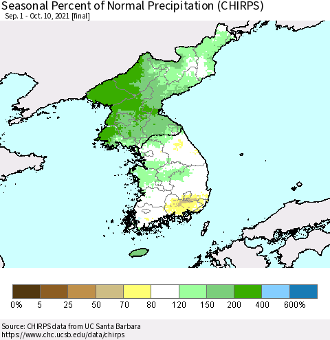 Korea Seasonal Percent of Normal Precipitation (CHIRPS) Thematic Map For 9/1/2021 - 10/10/2021