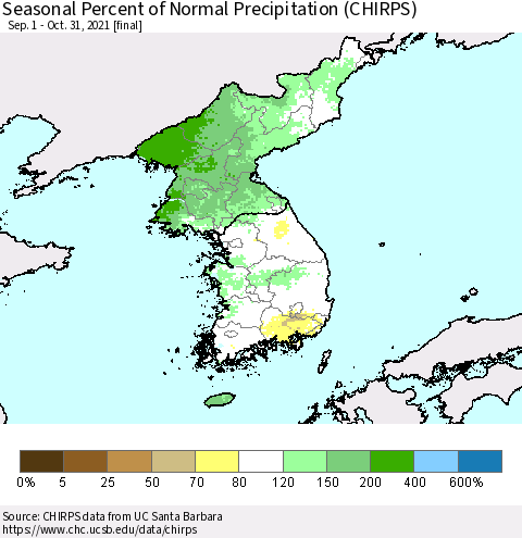 Korea Seasonal Percent of Normal Precipitation (CHIRPS) Thematic Map For 9/1/2021 - 10/31/2021