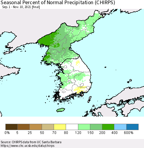 Korea Seasonal Percent of Normal Precipitation (CHIRPS) Thematic Map For 9/1/2021 - 11/10/2021