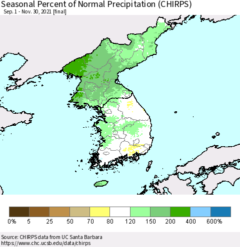 Korea Seasonal Percent of Normal Precipitation (CHIRPS) Thematic Map For 9/1/2021 - 11/30/2021