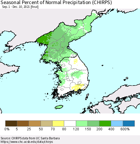 Korea Seasonal Percent of Normal Precipitation (CHIRPS) Thematic Map For 9/1/2021 - 12/10/2021