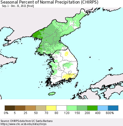 Korea Seasonal Percent of Normal Precipitation (CHIRPS) Thematic Map For 9/1/2021 - 12/31/2021