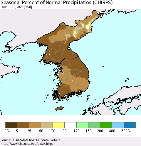 Korea Seasonal Percent of Normal Precipitation (CHIRPS) Thematic Map For 4/1/2022 - 4/10/2022