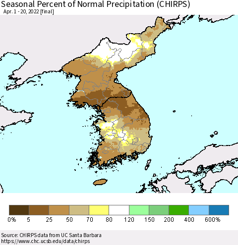 Korea Seasonal Percent of Normal Precipitation (CHIRPS) Thematic Map For 4/1/2022 - 4/20/2022
