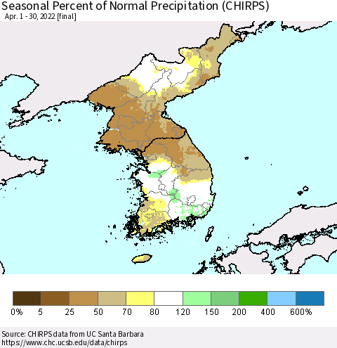 Korea Seasonal Percent of Normal Precipitation (CHIRPS) Thematic Map For 4/1/2022 - 4/30/2022
