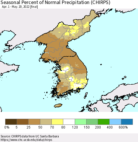 Korea Seasonal Percent of Normal Precipitation (CHIRPS) Thematic Map For 4/1/2022 - 5/20/2022